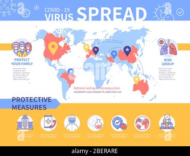 Covid-19 virus diffusione poster colorato con icone linea Illustrazione Vettoriale