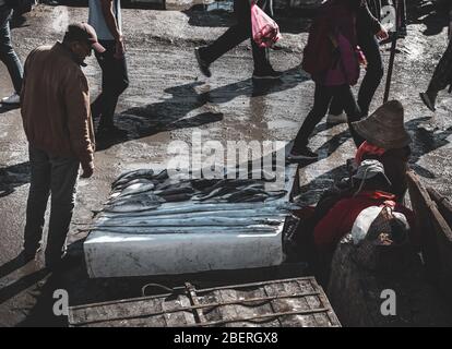 Essaouira, Marocco, dicembre 30 2019: Stand di pesce al mercato del pesce per la gente del posto a Essaouira. Foto Stock