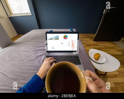 Un Letto Con Un Piccolo Computer Portatile E Una Tazza Di Caffè