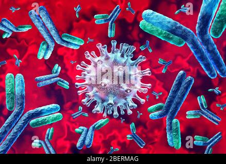 Concetto di anticorpi e immunoglobuline come anticorpi che attaccano cellule virali contagiose e patogeni come illustrazione 3D. Foto Stock