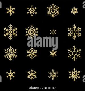 Set di sedici rampicanti fiocchi di neve dorati isolati su sfondo nero. Nuovo anno e biglietto di Natale oggetto di decorazione scintillante. EPS 10 Illustrazione Vettoriale