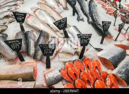 Pesce fresco congelato al banco del negozio Foto Stock