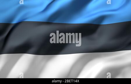 Bandiera dell'Estonia che soffia nel vento. Bandiera estone a pagina intera. Illustrazione 3D. Foto Stock