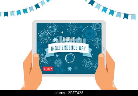 Festa della Giornata dell'indipendenza online, video dal vivo. Le persone stanno scattando video su tablet e smartphone. Disegno vettoriale e illustrazione Illustrazione Vettoriale