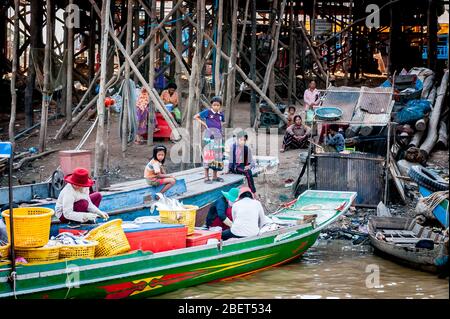 Foto delle incredibili case su palafitte a Kampong Phluk villaggio galleggiante vicino Siem Reap, Cambogia. Foto Stock