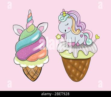 Illustrazione vettoriale del gelato in stile unicorni blu-rosa su uno sfondo rosa chiaro. Illustrazione Vettoriale