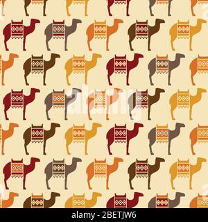 Un versatile motivo senza cuciture composto da cammelli con selle sul dorso Illustrazione Vettoriale