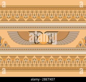 Simboli dell'antico Egitto alato sole con lotos senza cuciture modello orizzontale per motivi egiziani Illustrazione Vettoriale