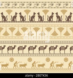 Un modello senza cuciture basato sui simboli dell'antico Egitto. Gatti, fiori di loto, cammelli, bufali e molto altro Illustrazione Vettoriale