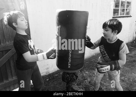 I giovani fratelli che indossano guanti da boxe punzonano un sacco nel giardino per l'esercizio fisico. Foto Stock