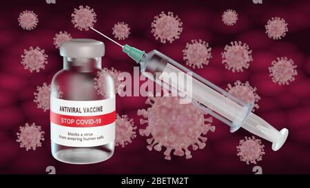 Vaccino in flaconcino con siringa contro lo sfondo di una colonia di coronavirus - illustrazione 3D. Foto Stock