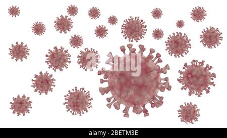 Gruppo di particelle virali. Illustrazione 3D del patogeno del coronavirus isolato su sfondo bianco. Foto Stock