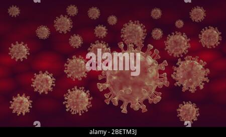 Gruppo di particelle virali. Illustrazione 3D del patogeno del coronavirus Foto Stock