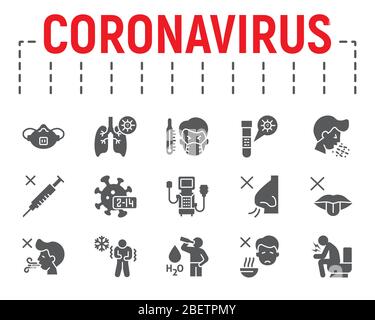 Set di icone di glifo di coronavirus, raccolta di simboli di malattia, schizzi vettoriali, illustrazioni di logo, covid 19 icone, simboli epidemici pacchetto di pittogrammi solidi Illustrazione Vettoriale
