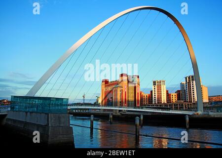 Fiume Tyne, Newcaste Upon Tyne, Gateshead, Sage e lungofiume, sera, NE Inghilterra, Regno Unito, ponti, Gateshead Millennium Bridge Foto Stock