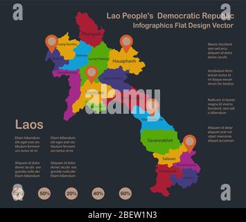 Infografica mappa Laos, colori di design piatto, con nomi di singoli stati, sfondo blu con vettore di punti arancioni Illustrazione Vettoriale