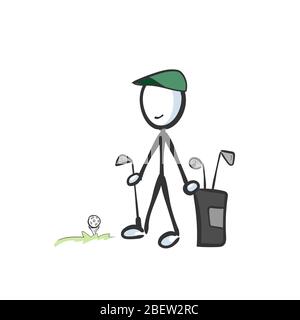 Giocatore di golf con una borsa e attrezzatura da club. Campo da golf. Disegnato a mano. Cartoon Stickman. Schizzo a forma di dodle, illustrazione grafica vettoriale Illustrazione Vettoriale