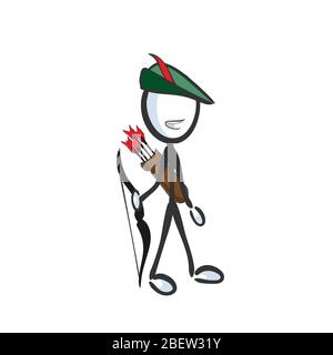 Robin Hood Archer. Eroe leggenda. Guerriero disegnato a mano. Cartoon Stickman. Schizzo a forma di dodle, illustrazione grafica vettoriale Illustrazione Vettoriale