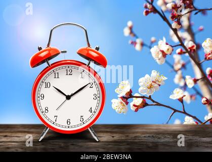 Orologio rosso vintage sveglia su tavolo di legno o panca nella stagione primaverile sullo sfondo di un albero di frutta fiorente. Ritorno in estate. SWI Foto Stock