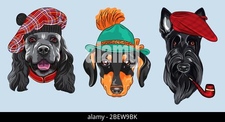 Set di cani da hipster. American Cocker Spaniel in tartan Tam scozzese, Dachshund in cappello tirolese, Terrier scozzese in berretto rosso con una pipa Illustrazione Vettoriale