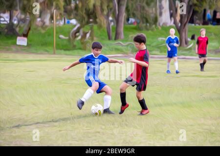 Partita di calcio dei ragazzi edita con un effetto cartoon. Partita di calcio tra squadre rosse e blu. Foto Stock