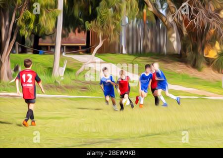 Partita di calcio dei ragazzi edita con un effetto cartoon. Partita di calcio tra squadre rosse e blu. Foto Stock