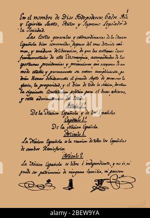 Prima pagina della Costituzione spagnola del 1812, chiamata anche la Pepa Foto Stock