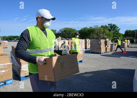 Senza fanfare, l'allenatore di calcio della University of Texas Tom Herman volontari mettendo 28-lb scatole di cibo in tronchi di automobili durante un Central Texas Food Bank unità di distribuzione che nutriva 1,500 famiglie Austin-area. Foto Stock