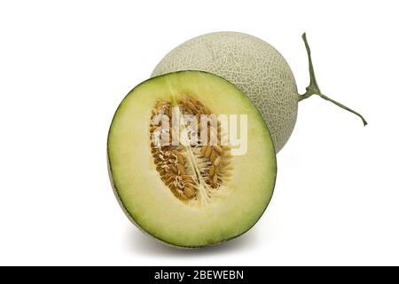 Melone biologico giapponese a nido d'ape e mezzo su sfondo bianco isolato con percorso di ritaglio. Melone di cantaloup verde maturo ha sapore dolce e succoso per Foto Stock