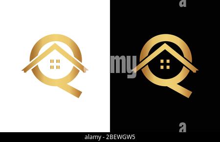 Q logo con profilo lettera per tetto. Logo immobiliare. Illustrazione Vettoriale