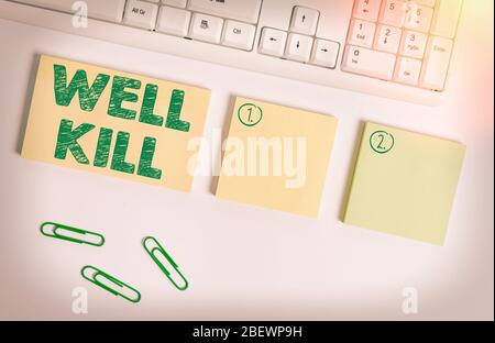 Scrittura a mano testo scrittura bene Kill. Operazione di foto concettuale di collocare una colonna di fluido pesante in un foro di pozzo la disposizione piatta sopra lo spazio di copia bianco sti Foto Stock