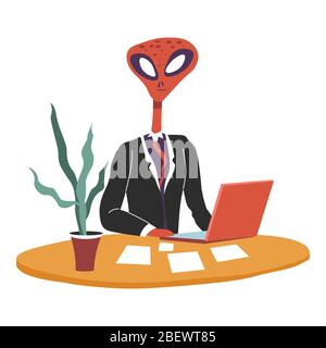 Capo straniero che lavora al progetto sul laptop in ufficio Illustrazione Vettoriale
