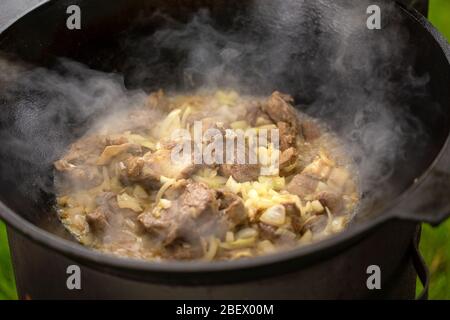 Cottura di carne di montone con cipolla per pilaf. Carne fritta in cavoldron di ghisa Foto Stock