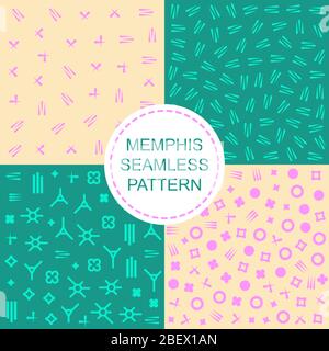 Set di 4 motivi senza cuciture nei colori rosa verde e giallo con elementi geometrici. Modello in stile hipster. Modello senza cuciture per adolescenti e. Illustrazione Vettoriale