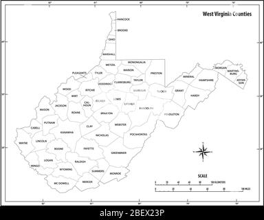 west virginia mappa delle linee della città in bianco e nero Illustrazione Vettoriale