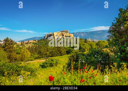 Incredibile vista dell'Acropoli greca durante le riprese primaverili dal parco archeologico di Atene, Grecia Foto Stock