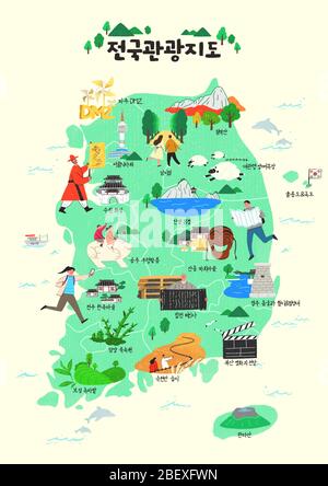 Mappa turistica del concetto Corea del Sud, famosa per varie attrazioni turistiche illustrazione 001 Illustrazione Vettoriale