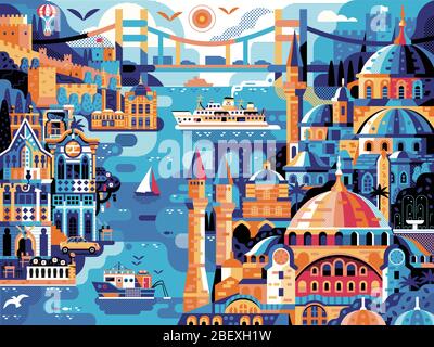 Poster panoramico vintage di Istanbul per il viaggio in città Illustrazione Vettoriale