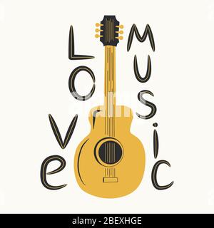 Chitarra acustica circondata da note, l'iscrizione Love Music, Country Music. Country Cowboy Music Festival Creative Event Live Event Poster Concept Illustrazione Vettoriale