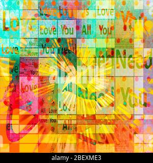 Un'illustrazione che caratterizza la frase 'tutto che avete bisogno è amore 'le parole in un modello casuale con lo sfondo multicolore. Foto Stock