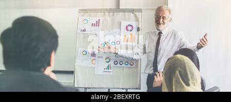 Formazione manageriale, Ufficio amministrativo o direttore generale formare gli uffici e le persone aziendali circa analista finanziario per essere venditore di successo, team Foto Stock