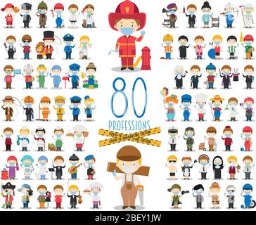 Covid 19 Health Emergency Special Edition: Set di 80 diverse professioni con maschere chirurgiche e guanti in lattice in stile cartoon . Illustrazione Vettoriale