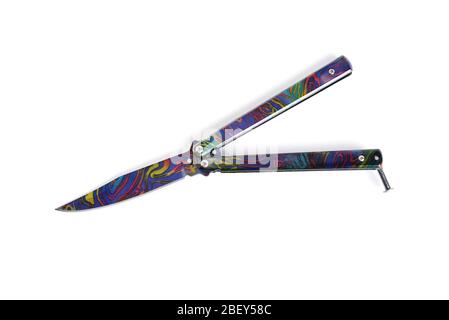 coltello farfalla multicolore colore bianco sfondo primo piano Foto Stock