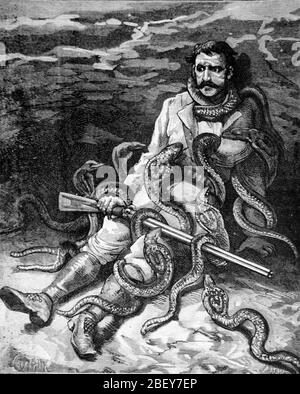 Uomo attaccato da Cobras in giungle dell'India. Vintage o Old Illustration o Engraving 1888 Foto Stock