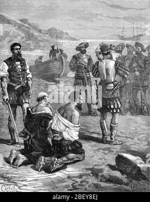 Port Famine, alias Puerto del Hambre o Ciudad del Rey Don Felipe, una storica colonia spagnola o luogo di insediamento in Patagonia Cile. I Settlers spagnoli giudicano mutineers (fine c 16). Vintage o Old Illustration o Engraving 1888 Foto Stock