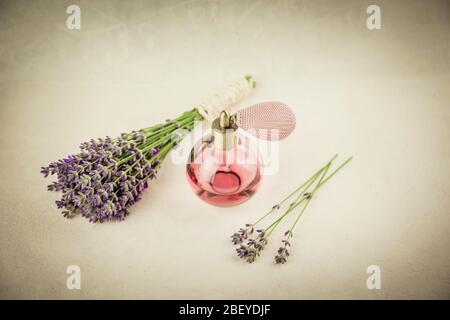 Bottiglia di profumo vintage con aroma di lavanda. Profumo di aroma alla lavanda calmante su fondo beige chiaro con bouquet di lavanda fresco. Foto Stock