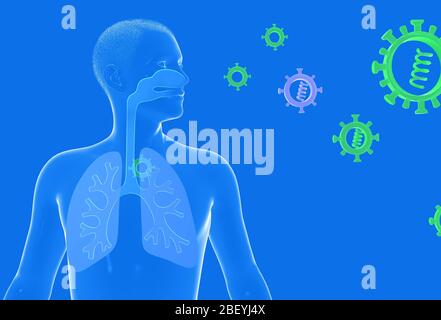 Illustrazione 3D dell'anatomia del sistema respiratorio dell'uomo e del virus e dei batteri che galleggiano nell'aria che respira. Rappresentazione dei polmoni, trachea. Foto Stock