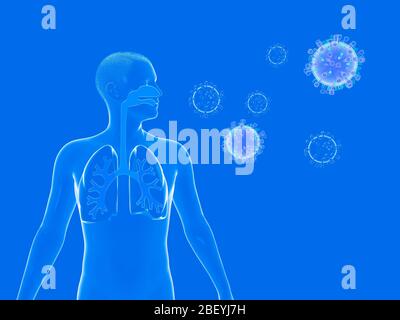 Illustrazione 3D dell'anatomia del sistema respiratorio dell'uomo e del virus e dei batteri che galleggiano nell'aria che respira. Rappresentazione dei polmoni. Foto Stock