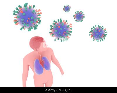 Illustrazione 3D del virus che si sovrappone minacciosamente a un uomo che mostra l'anatomia dei polmoni. Sospeso nello spazio su sfondo bianco. Foto Stock