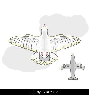 cartone animato bianco colomba vista dal basso volare nel cielo contro uno sfondo di nuvole e un aereo. sfondo bianco isolato stock vettore illustrazione Illustrazione Vettoriale